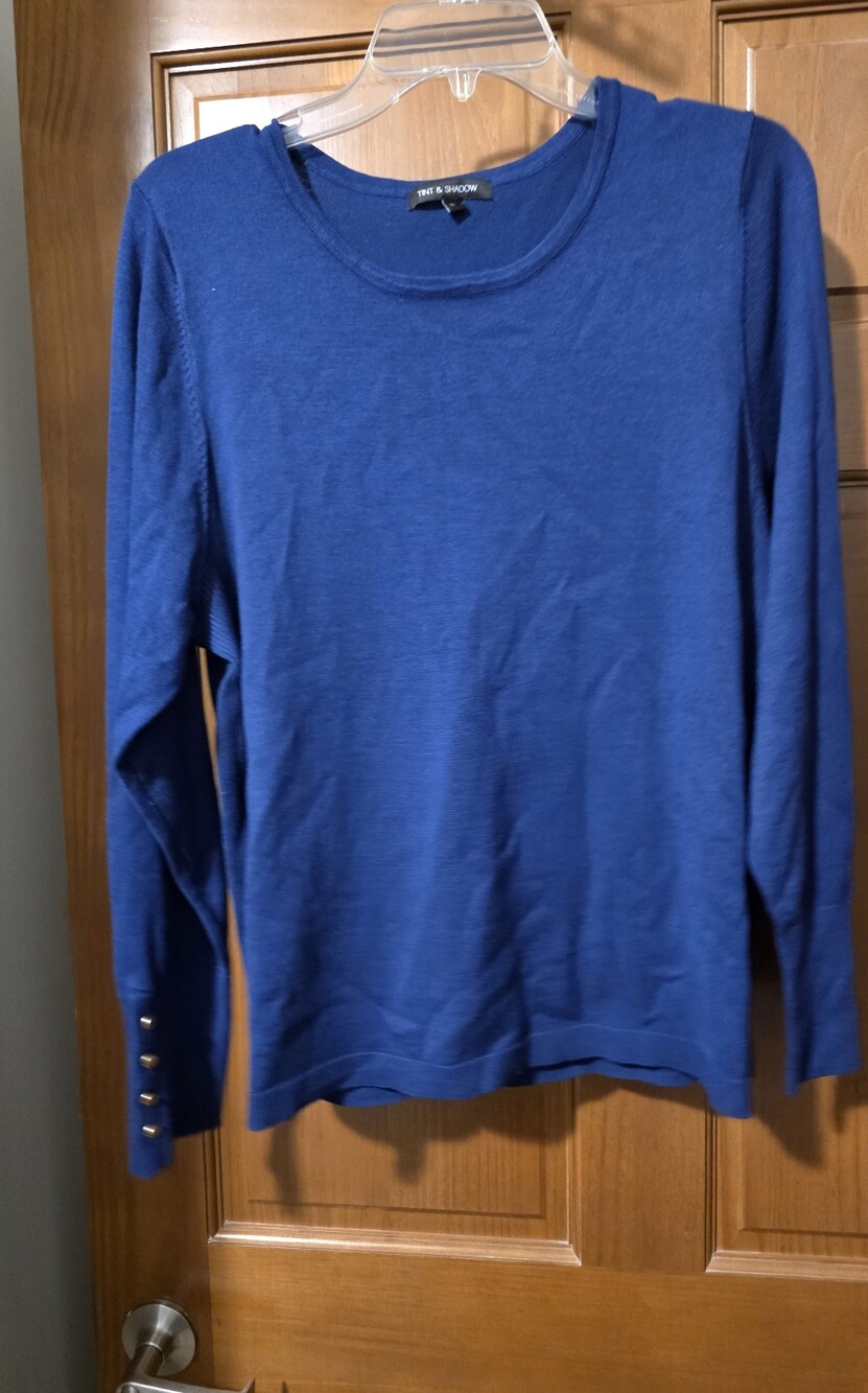 Blue Long Sleeve Crewneck Sweater with Cuff Buttons